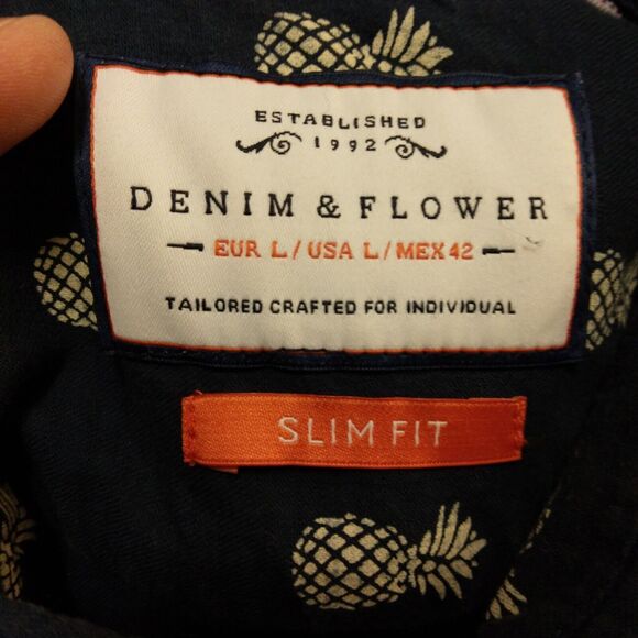 Denim & Flower shirt mens L Large navy blue all over pineapple print button slim - Picture 6 of 8